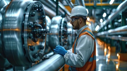 Fototapete - An engineer inspecting a wall of industrial pipes. Generative AI.
