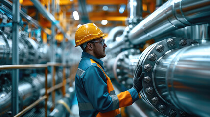 Fototapete - An engineer inspecting a wall of industrial pipes. Generative AI.
