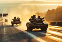 A Convoy Of Tanks Rolls Down The Highway In A Display Of Military Might.
