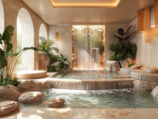 Luxurious spa reception with water features and tranquil music3D render