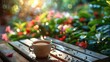 A cup of freshly brewed coffee is placed on a wooden table in a beautifully manicured garden. Generative AI.