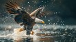 A bald eagle flying above water in wild.
