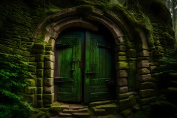  An ancient stone door, moss-covered and slightly ajar, hinting at secrets within