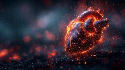 Aufkleber - An abstract heartbeat 3D wave on a dark background with dots, lines, and polygons. A sound modern network of digital music. The curve of a futuristic cardiology rhythm.