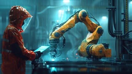 Aufkleber - The abstract polygonal engineer holds the tablet and controls the robotic arm and tool. Smart technology manufacturing process in dark blue. Modern image of industrial technology, automation.