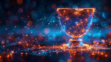 Aufkleber - Concept of a champion cup in hand in the shape of a starry sky, defined by points, lines, and shapes in the form of planets, stars, and the universe. Modern business wireframe.