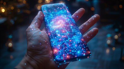 Fototapete - Low-poly wireframe modern illustration of an iPhone in a hand. Starry sky and cosmos style in blue color. Screen of an iPhone and palm of an arm. Digital concept of gadgets and devices.