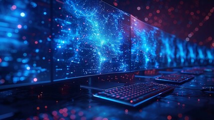 Poster - A low-poly wireframe computer theme inspired by starry skies and cosmos. Blue abstract modern computerization theme in blue color. Polygonal devices theme.