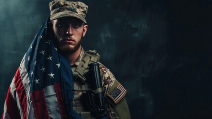 Poster - US soldier with national flag