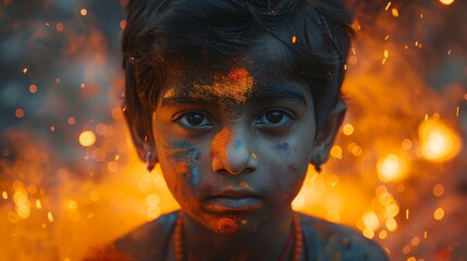 Wall Mural - a child with orange powder on his face