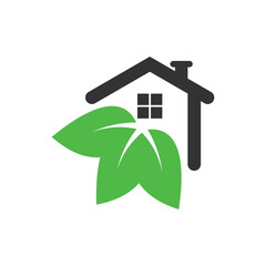 Wall Mural - Green house logo design vector with illustration leaf concept