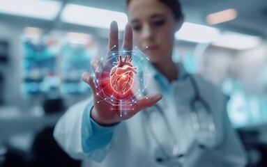  Surgeon uses index finger to touch virtual holographic button about heart system generative ai art