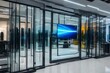 A transparent glass door at a high-tech showroom, with the latest gadgets and advances 