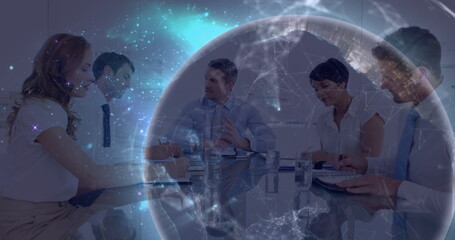 Canvas Print - Image of data processing and globe over diverse business people in office