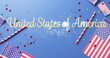 Image of united states of america text over flags of united states of america on blue background