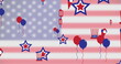 Image of stars, balloons and top hats over flag of united states of america background