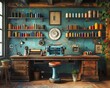 Vintage sewing room with antique machines and walls of colorful thread spools.3D render