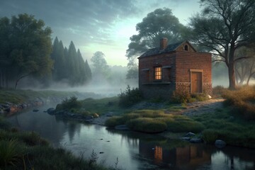 Poster - Brick cabin on the edge of a river in the evening mist.