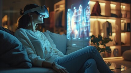 Young female doing online virtual shopping at home with the help of VR technology.