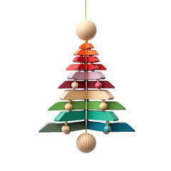 Hanging wooden toy in the shape of a Christmas tree on white or transparent background