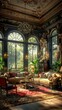 Ornate Victorian drawing room with rich textures and period furniture3D render