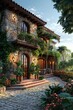 Mediterranean terrace with olive trees and wrought iron details3D render