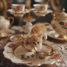 A Kitten In A Teacup And Saucer
