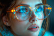 A woman scientist looks at a holographic screen. Reflections in glasses.