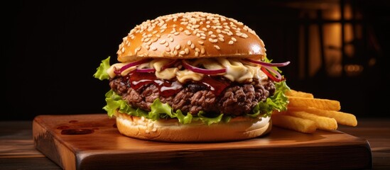 Wall Mural - Delicious Classic Cheeseburger with Lettuce and Tomato on Sesame Seed Bun