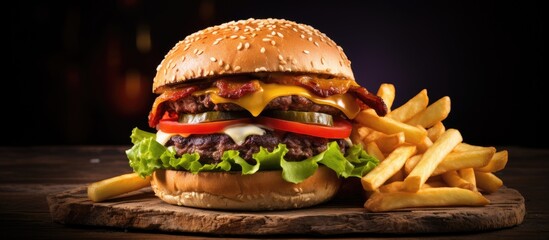 Wall Mural - Delicious Cheeseburger with Lettuce, Tomato, Sesame Seed Bun on Wooden Table