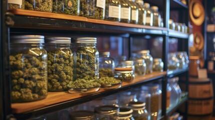 Sticker - Containers with dried cannabis buds on display on shelf in a cannabis store.