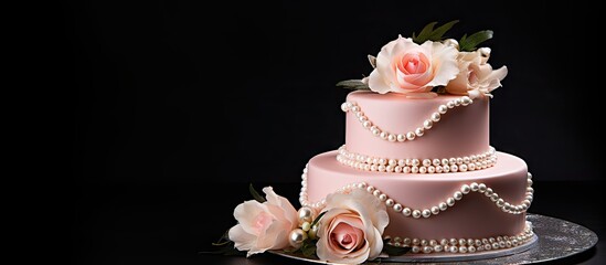 Wall Mural - Elegant Pink Cake Adorned with Pearls and Roses Against a Dramatic Black Background