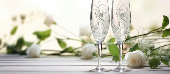 Elegant Champagne Flutes Adorned with Red Roses and Greenery at a Celebration