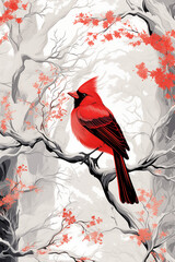 Wall Mural - Illustration of bird sitting on branch with red berries in snow. Bullfinch, red cardinal on a ashberry, hawthorn berries, rowan tree branch in cold frost. Life of wild birds in winter concept.