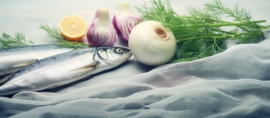 Poster - Fresh Fish, Colorful Vegetables, and Herbs Arranged on a Rustic Table