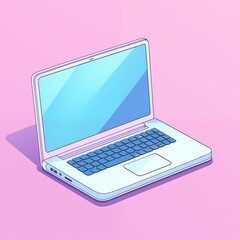 Wall Mural - A white laptop with a blue screen sits on a pink background