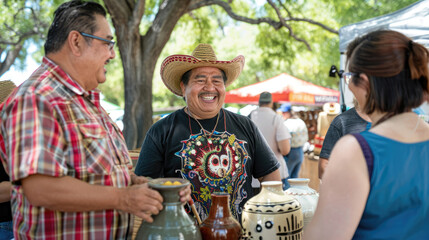 Mexican street market or fair. People communicate AI