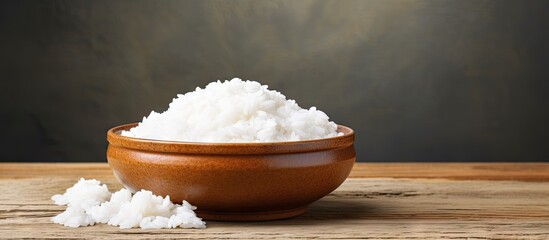 Sticker - Gourmet Japanese Meal: Steaming Bowl of Rice on Rustic Wooden Table