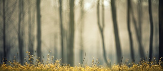 Sticker - Enchanting Forest Canopy of Towering Trees and Blooming Yellow Flowers