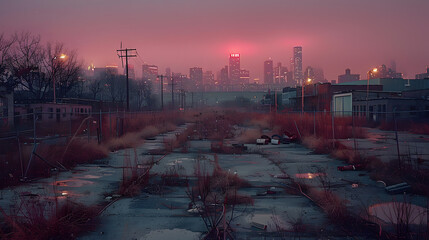 Wall Mural - sweeping ground level view of vacant lot in poor neighborhood at night, city skyline in far distance. low misty pink cloud picking up lights from city, late evening, muted organic colors