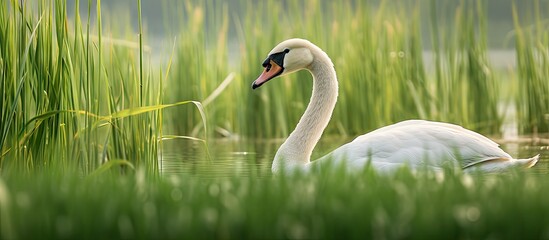 Wall Mural - Graceful Swan Gliding on Serene Lake Waters Surrounded by Nature's Beauty