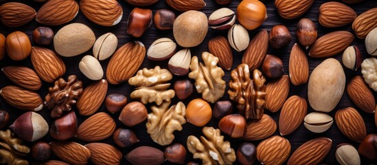 Wall Mural - Assorted Nuts Scattered on a Dark Table - Healthy Snacking Concept Background