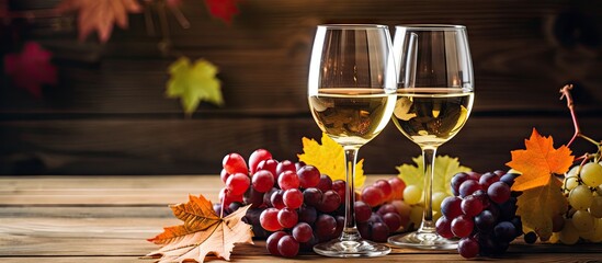 Sticker - Rustic Charm: Two Glasses of Wine and Fresh Grapes on a Natural Wooden Table