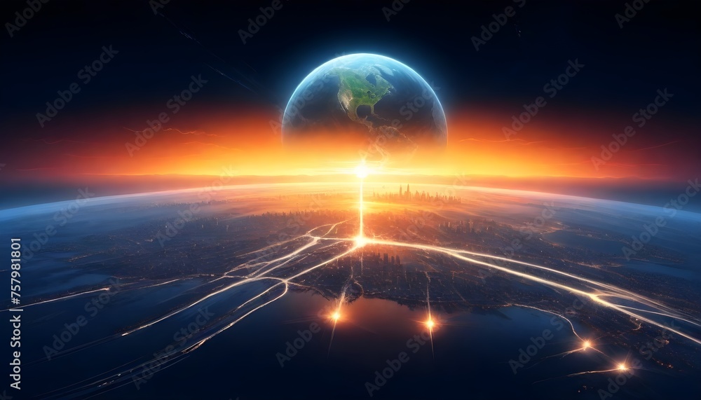 A large, glowing celestial body rising over the horizon of an Earth ...