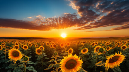 Wall Mural - Beautiful sunset over big golden sunflower field in the countryside