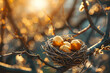 golden eggs in a nest on tree branch with a blurred background of a natural forest