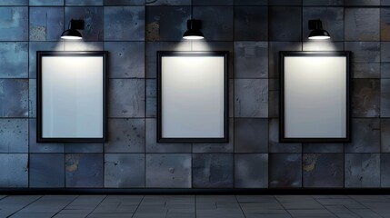 Wall Mural - Modern realistic mockup of empty movie posters illuminated with spotlights on a grey tiled wall in cinema, theater hallway or gallery. Blank advertising banners with lamps.