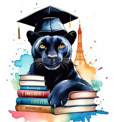 Wall Mural - Illustration in watercolor style features cute black panter adorned with graduated cap and surrounded by books.Graduation and study concept for banner, poster,t- shirt,Notebook Covers design