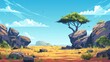 Wild African savannah landscape, with trees, rocks, plain grassland field, an outline of Kenya, with a parallax effect, modern illustration. Kenya panoramic view.