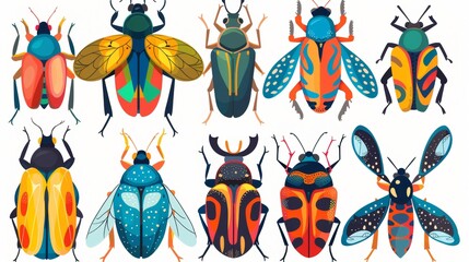 Wall Mural - Summer bugs with colorful patterns on wings. Various bright insects with antennae, legs, top view. Modern illustrations isolated on white.